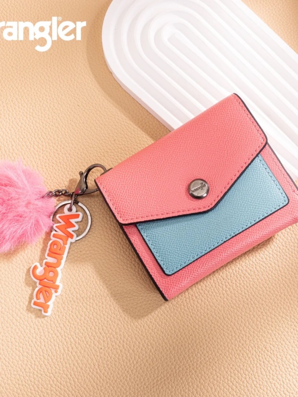 Wrangler Tri-Fold Wallet with Keyring Pom Pom Pink-Blue